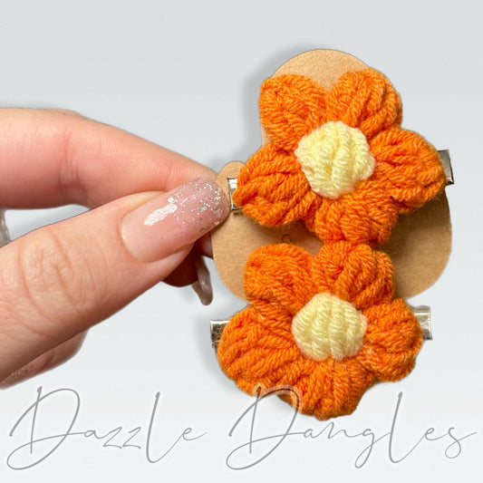 Orange Crochet Daisy Hair Clips